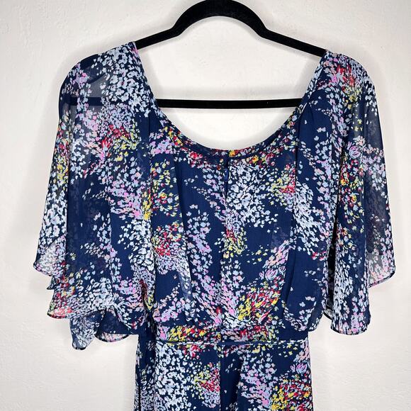 ModCloth Fiore Your Entertainment Flora Navy Blue Floral Cold Shoulder Dress Lg - Picture 9 of 16